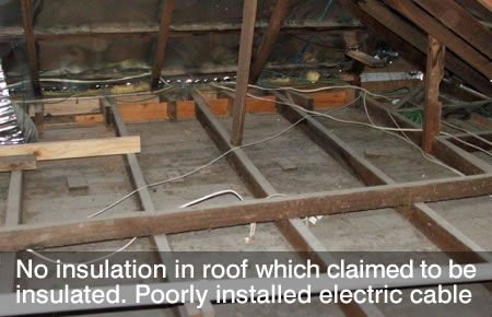 No insulation in roof and poorly installed electrical cable