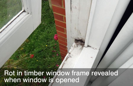 Rot in timber window frame revealed when window is opened
